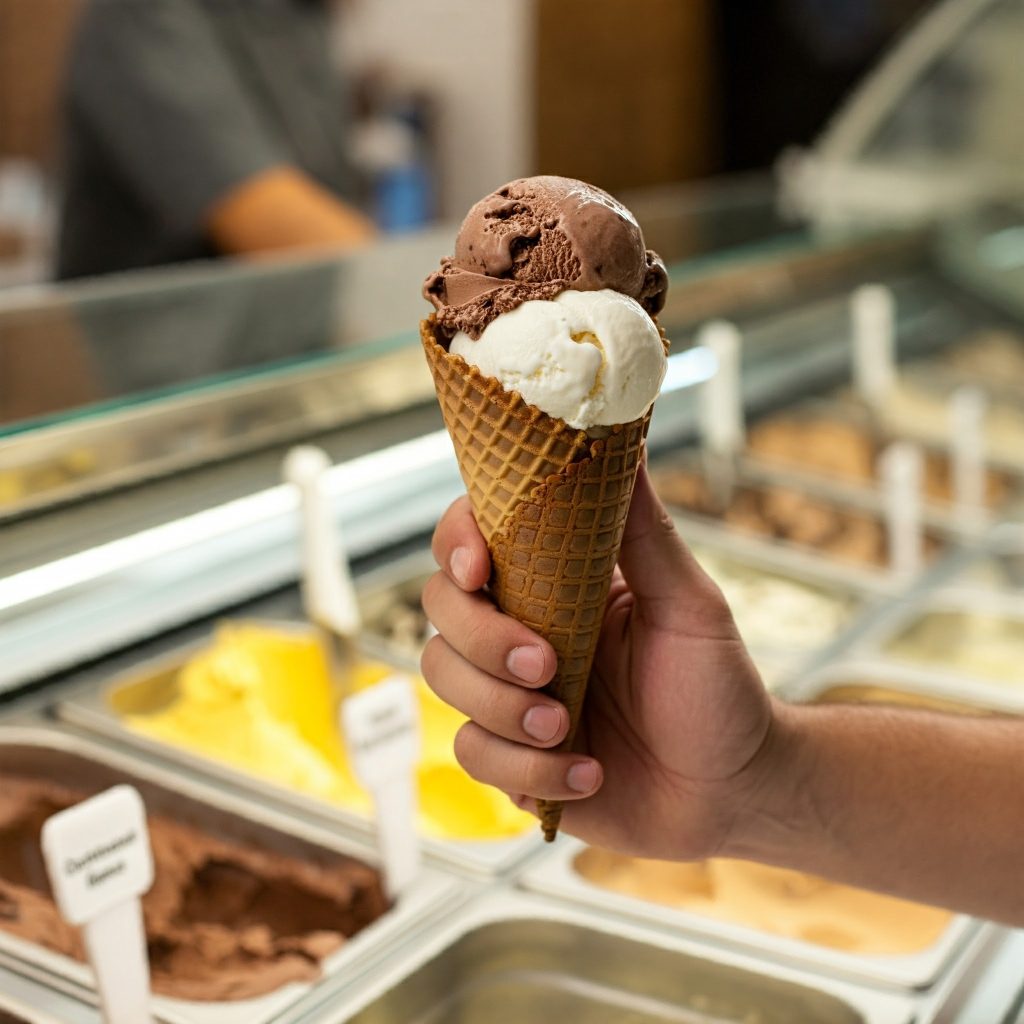 Sladoled vanilija i čokolada u kornetu (Vanilla and chocolate Scoops of Ice Cream in a cone)